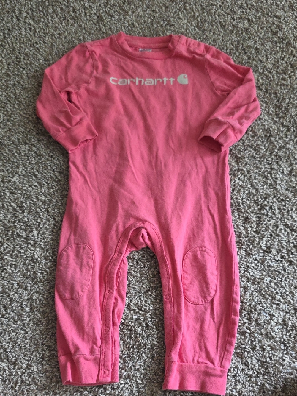 EUC Carhartt 12m Pink Long Sleeve Romper With Cream Logo Across Chest